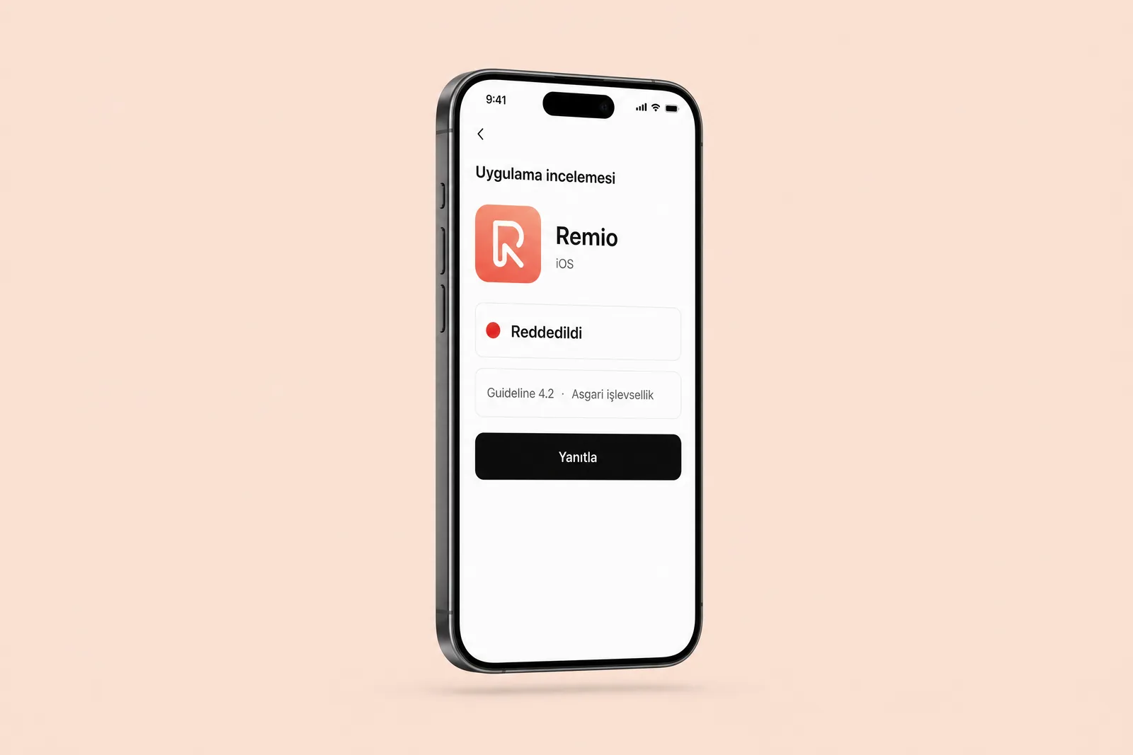 Uygulama incelemesinde reddedildi durumunu gösteren telefon ekranı
