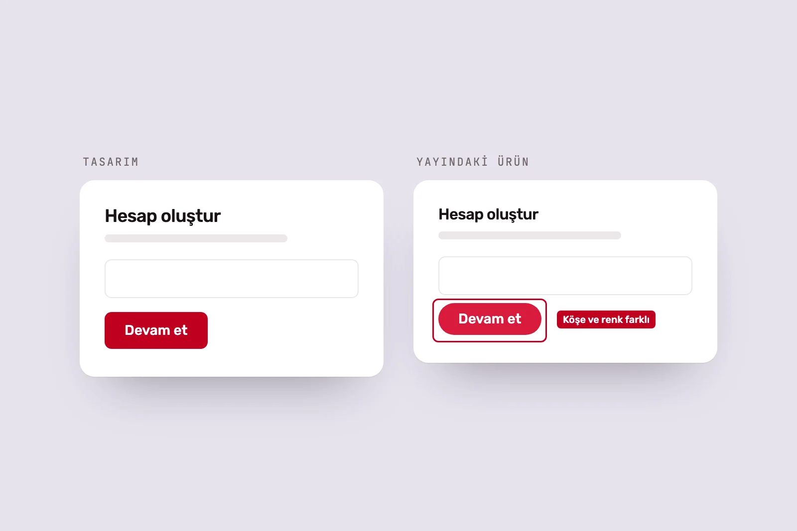 Yan yana iki form kartı: tasarımdaki ekran ve düğmesi farklı uygulanmış yayındaki ekran