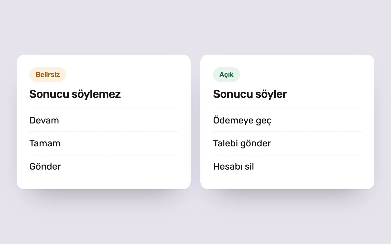 Two cards comparing button labels that do and do not explain the outcome