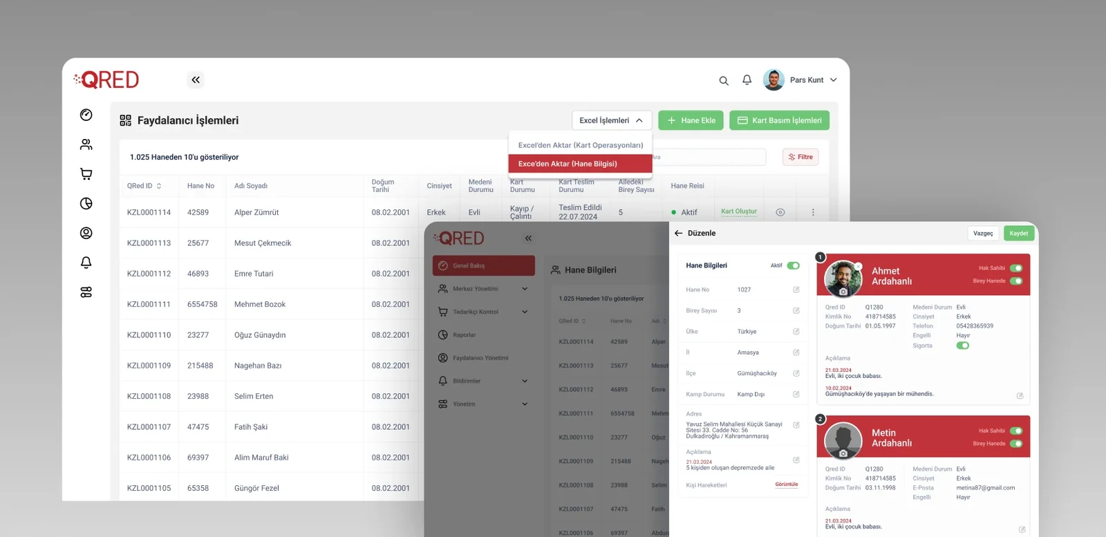 QRed'de faydalanıcı listesi ve detay paneli