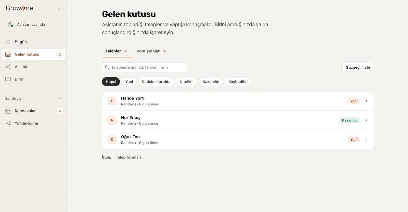 Grow4Me gelen kutusu: talepler ve konuşmalar, durumlarıyla