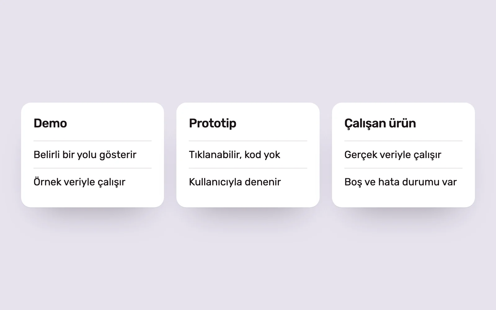 Demo, prototip ve çalışan ürünü ayıran üç kart