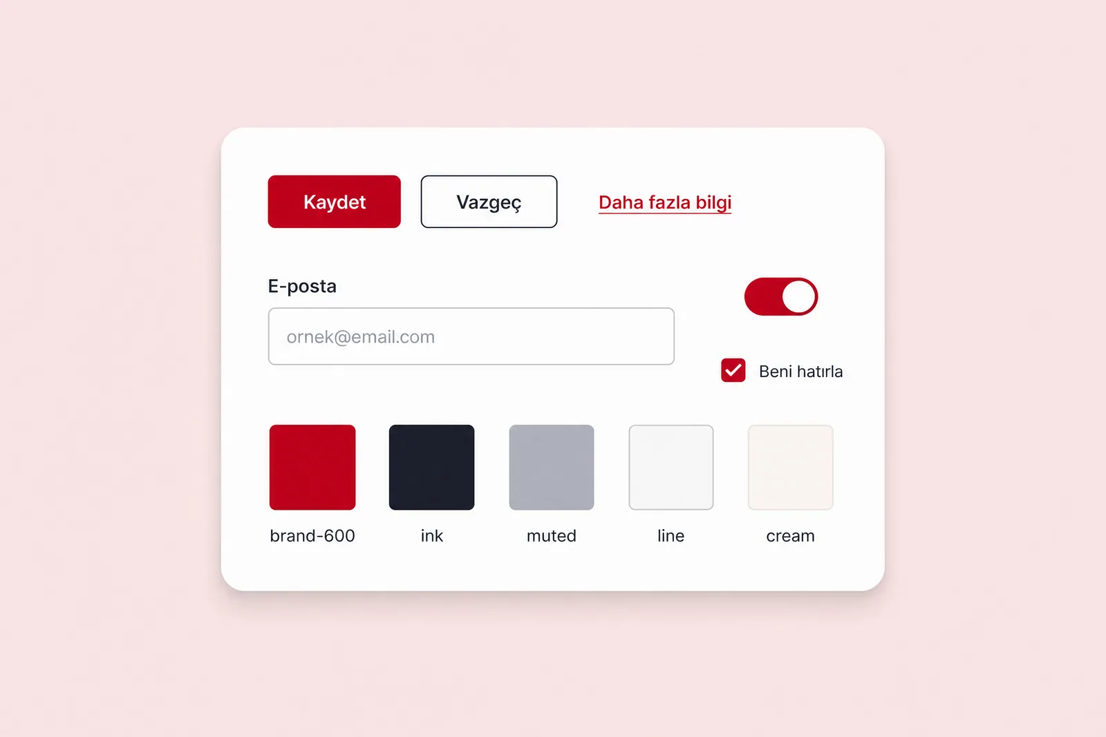Buton, form alanı ve renk tokenlarından oluşan bileşen sayfası