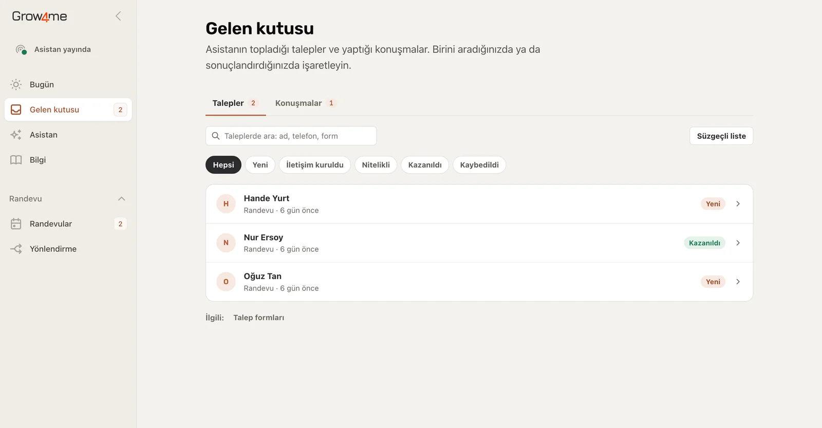 Grow4Me gelen kutusu: konuşmalar, talepler ve durumları