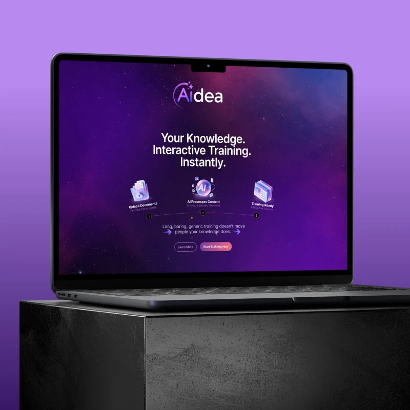 Aidea kimliğinin koyu mor dijital atmosfer içinde uygulandığı pazarlama sitesi.