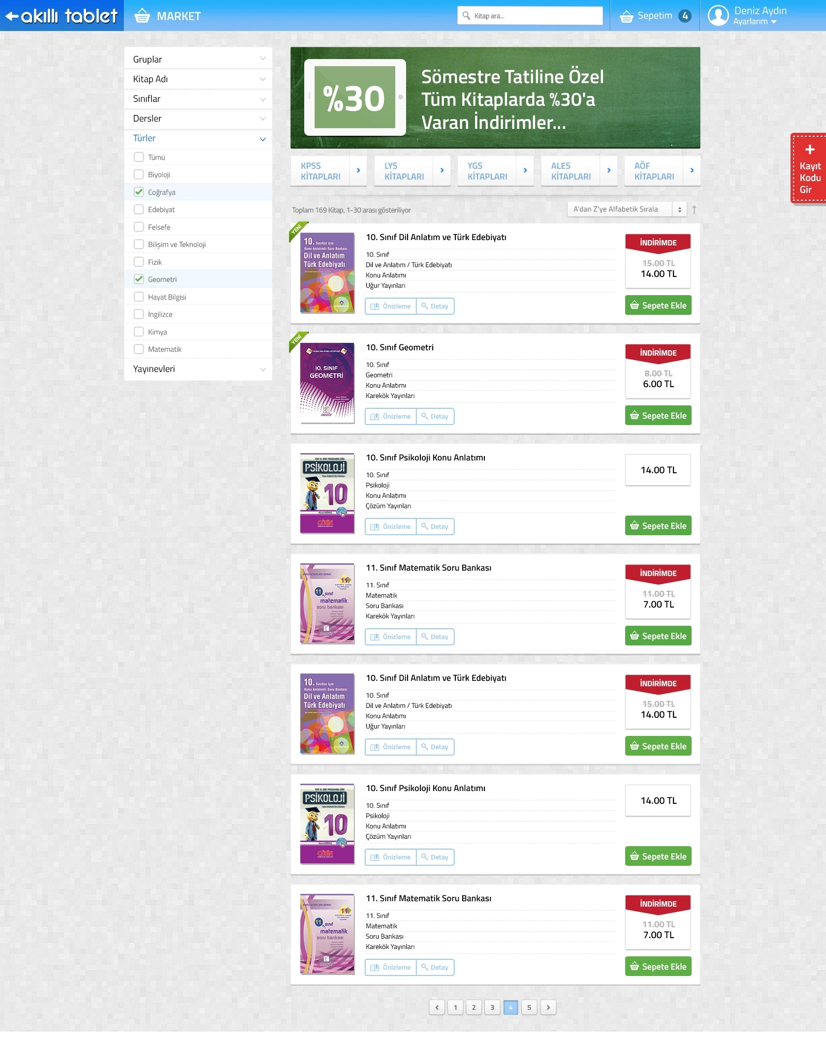 Digital shop with filters on the left and discounted books on the right.