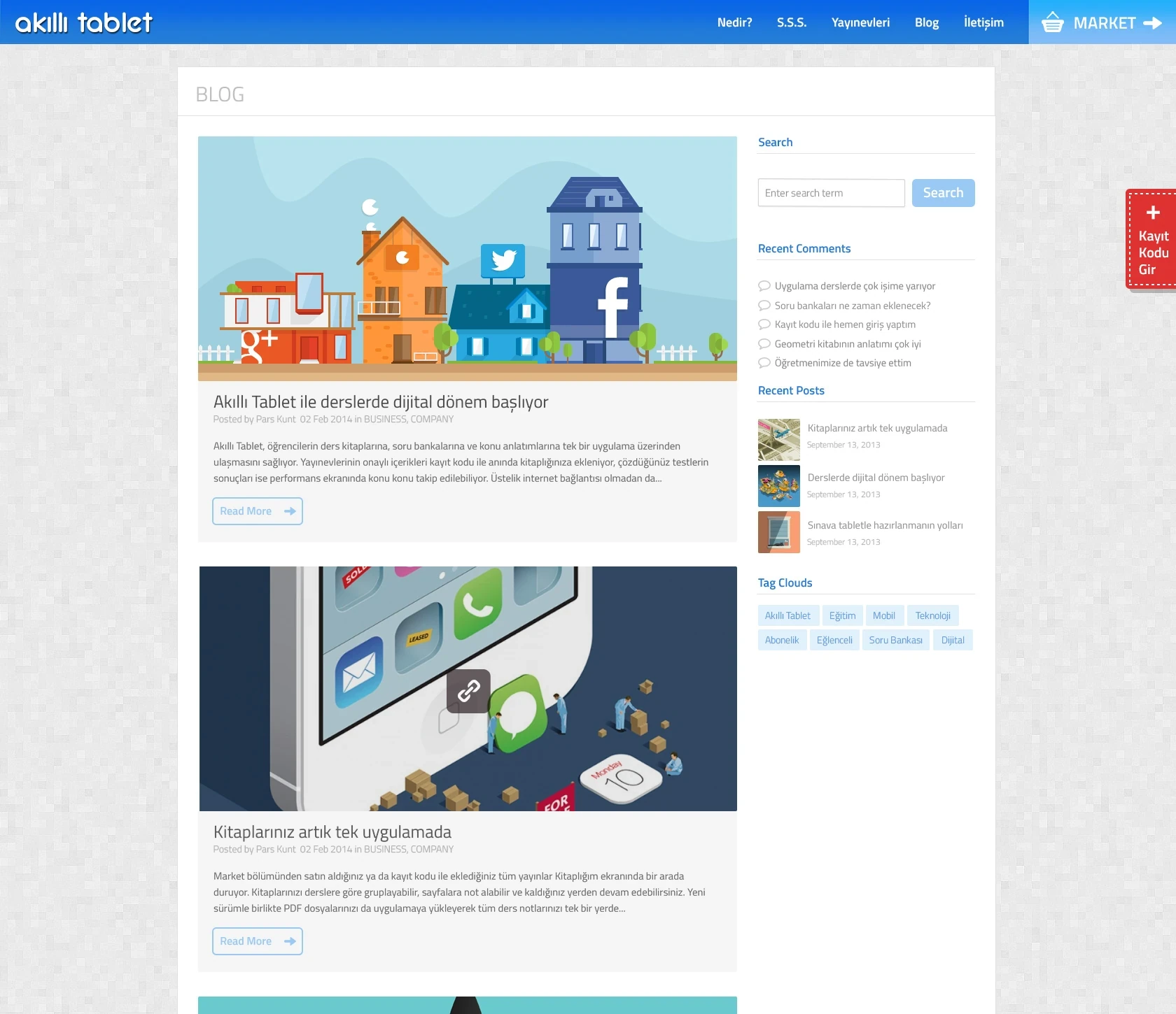 Blog page with illustrated content cards and a sidebar.