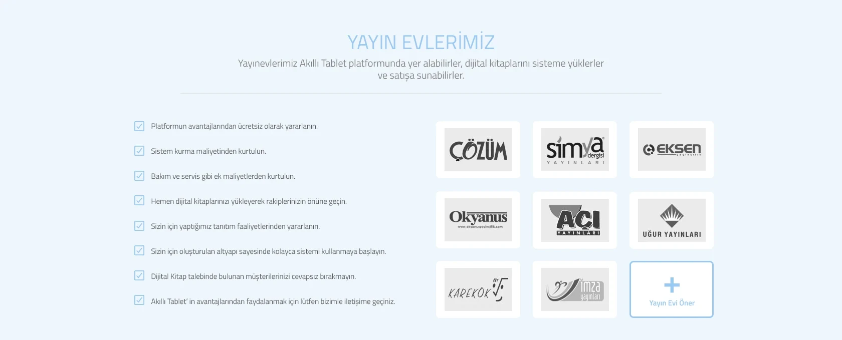 Publishers page presenting the platform’s publishing partners through logos and key information.