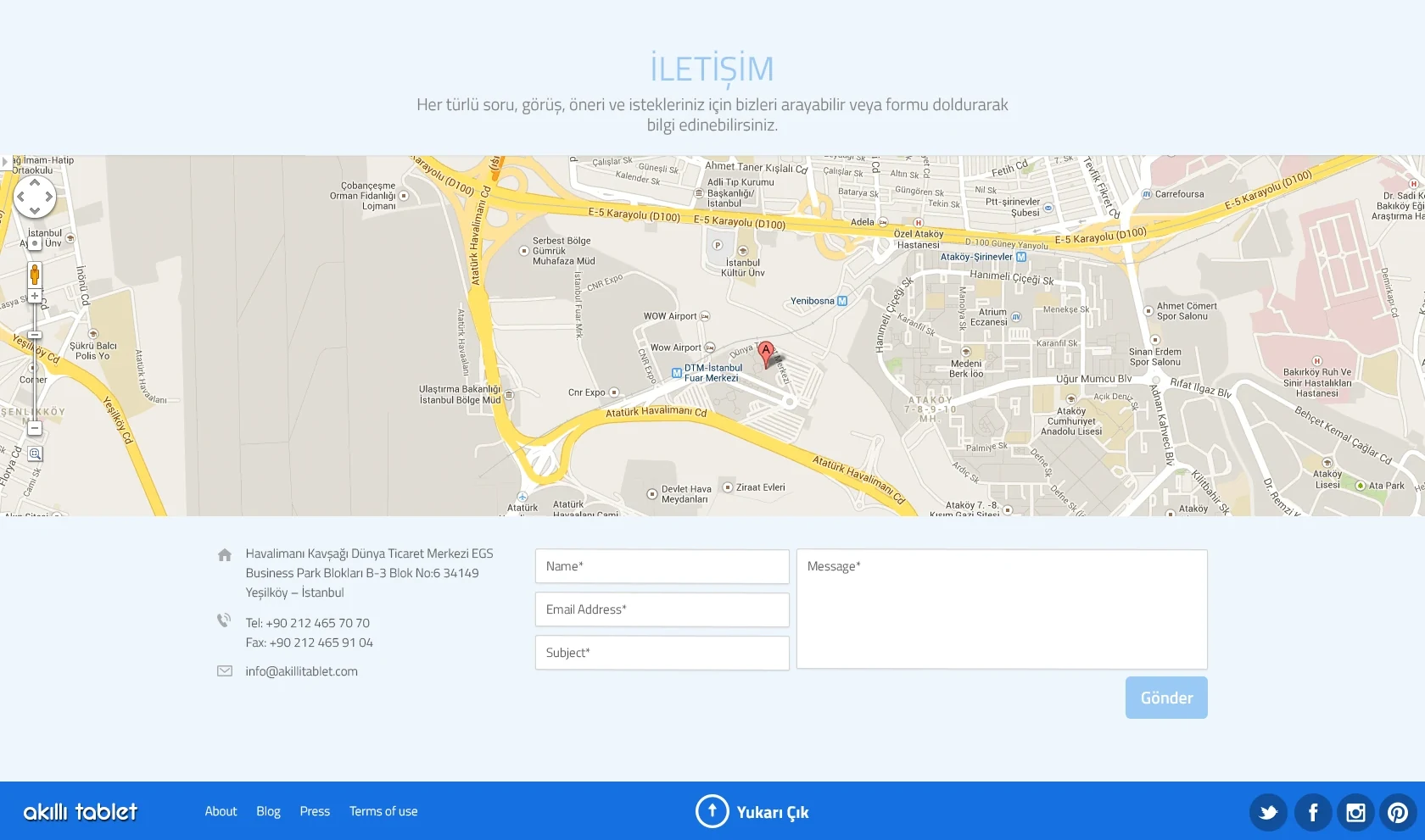 Contact page combining a map, address details and a form.