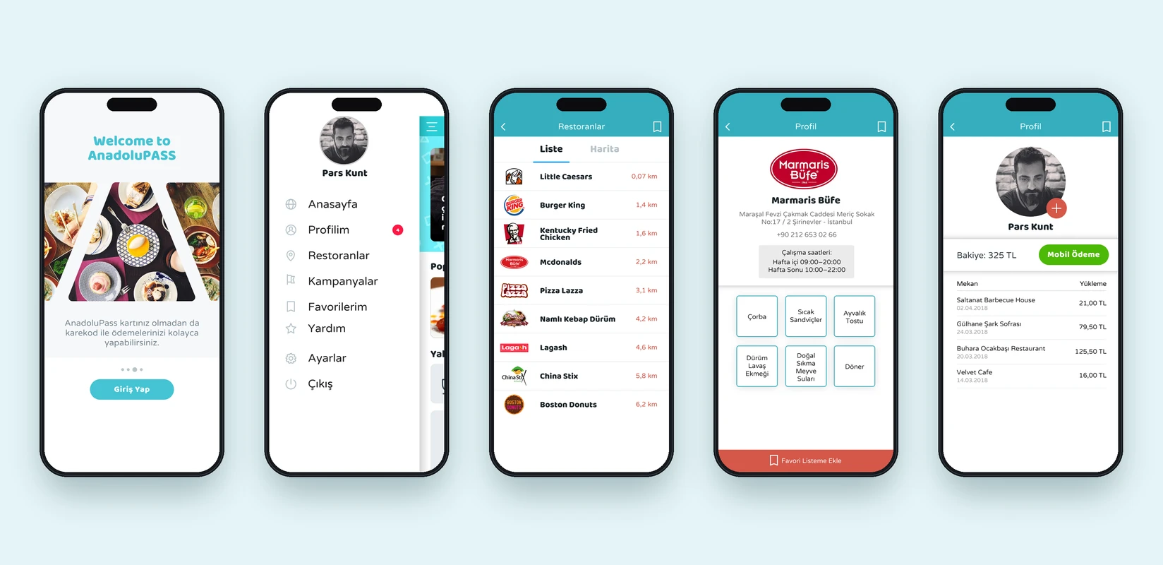 Welcome, side menu, restaurant list, business details and profile screens
