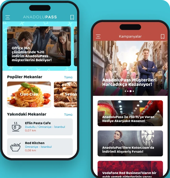 Two phones showing the home and campaign screens on a turquoise background