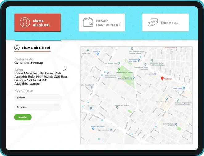 Company information and map on a tablet screen