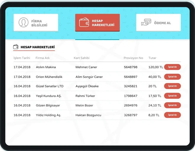 Account activity on a tablet, with transaction date, company and amount columns
