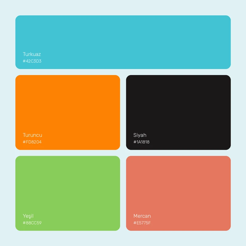 Colour system: an energetic palette built around turquoise with orange accents.