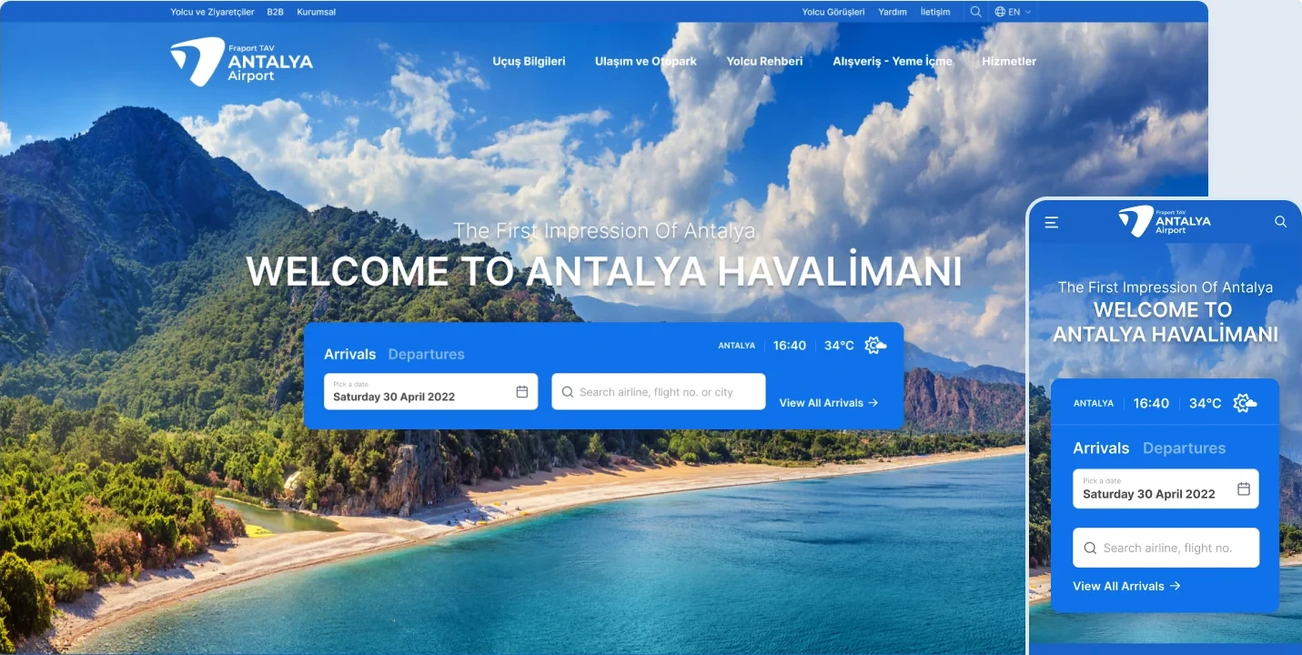 Antalya Havalimanı ana sayfası masaüstünde ve mobilde