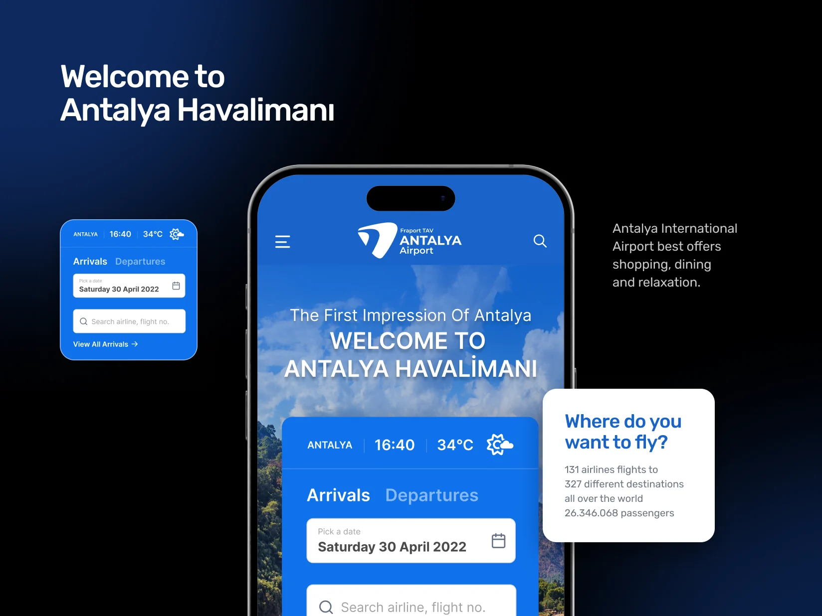 Telefonda mobil ana sayfa, uçuş arama kartı ve uçuş istatistikleri