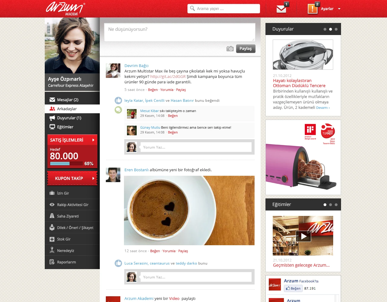 Arzum Akademi homepage with profile and sales target on the left and a social feed in the centre