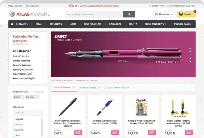 Filtered category and product listing that helps shoppers choose from a large range of pens.