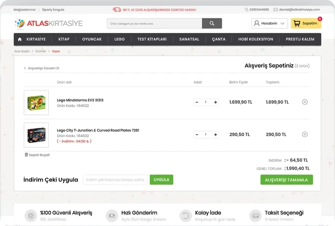 Shopping basket clearly showing products, quantities and total cost.