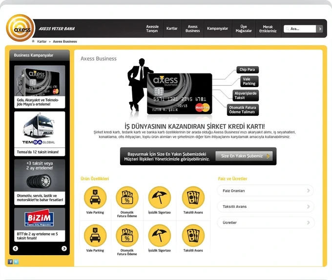 Şirket kartının özellikleri ve kampanyalarıyla Axess Business sayfası.