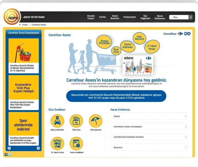 Ürün avantajlarını ikonlarla anlatan Carrefour Axess sayfası.