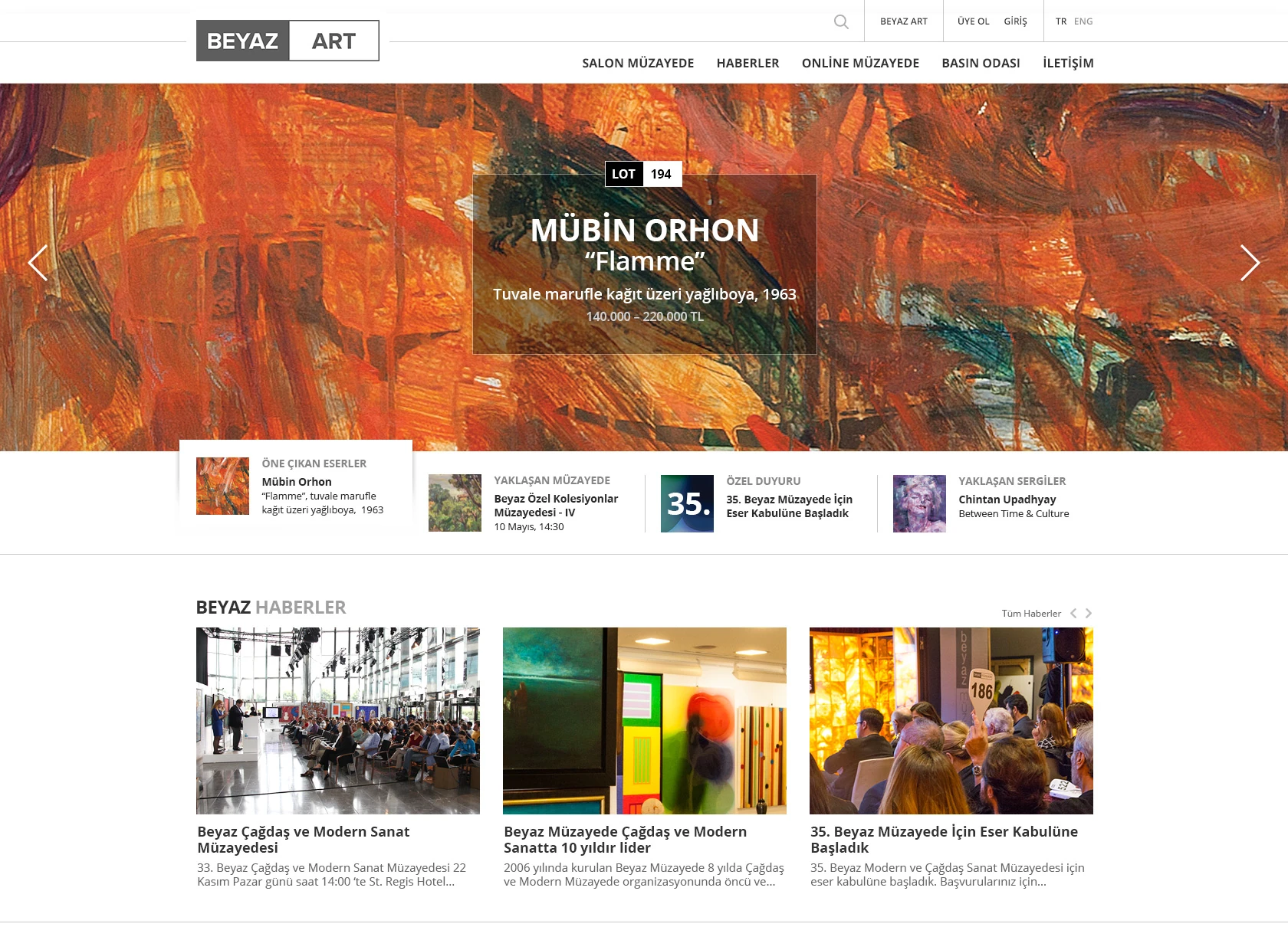 Beyaz Art homepage with artwork in the opening section and news cards