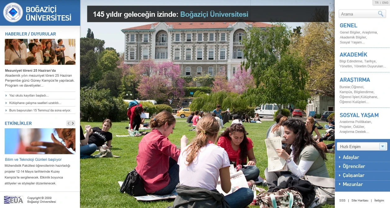 Boğaziçi Üniversitesi homepage with campus photography, news and navigation columns