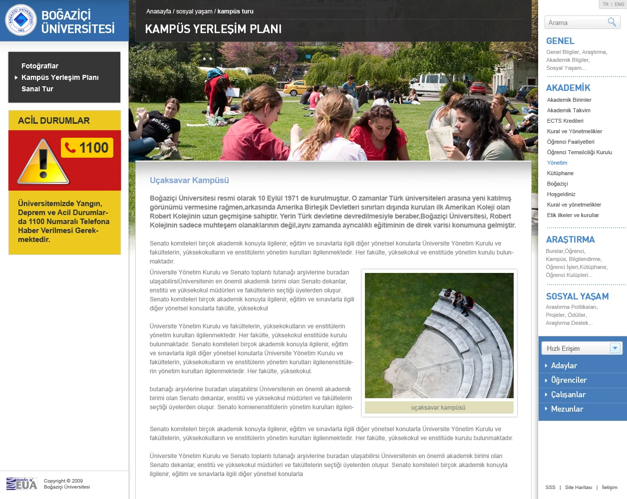 Campus plan text page with an emergency information panel