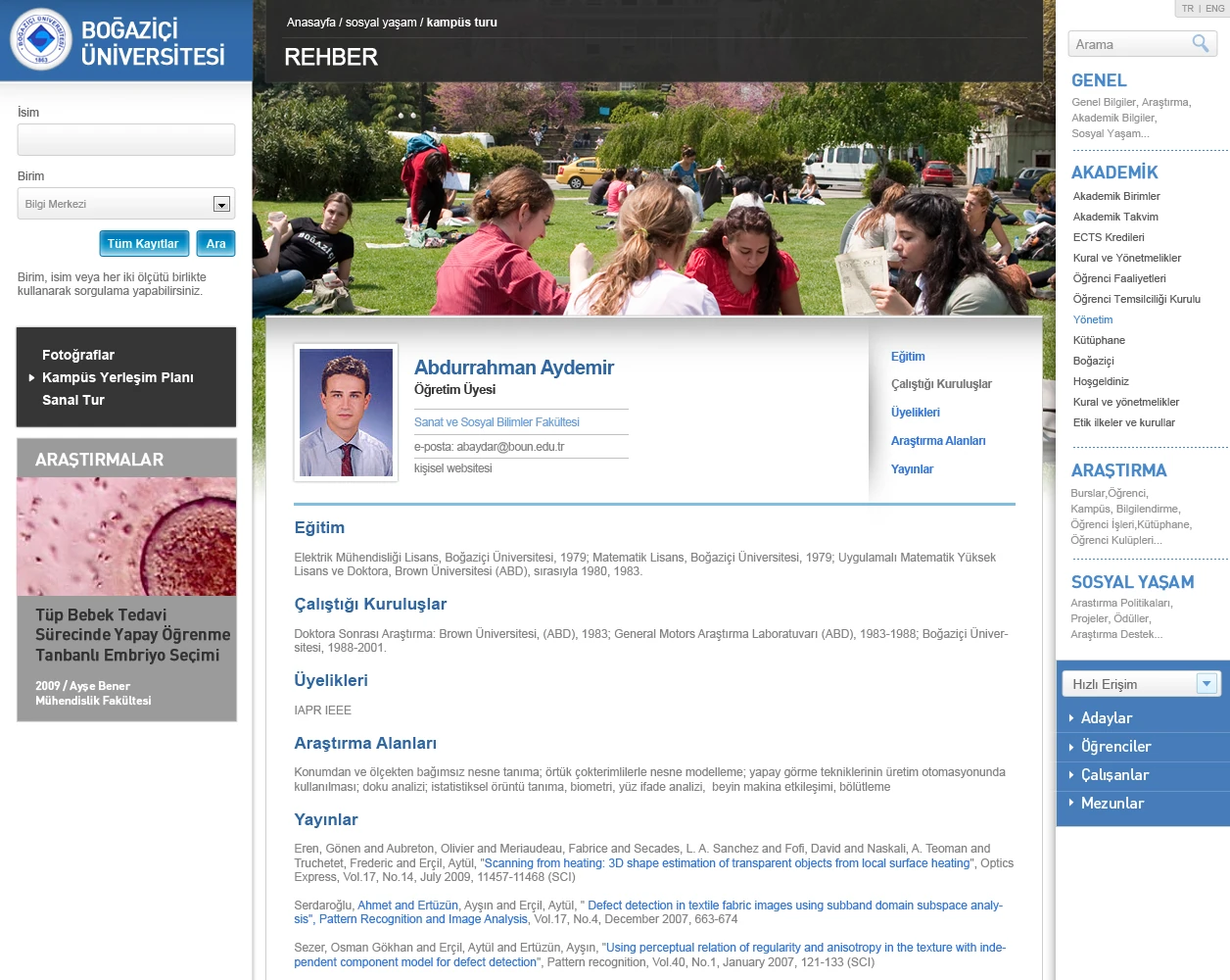 Directory detail page with personal information and publications