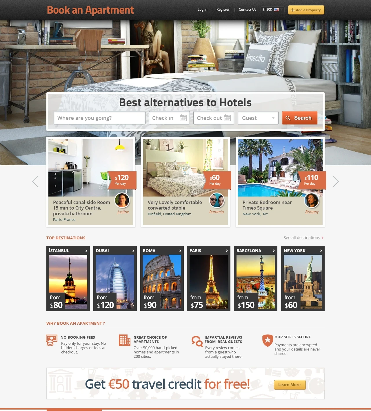 Arama kutusu, öne çıkan daireler ve şehir kartlarıyla Book an Apartment ana sayfası