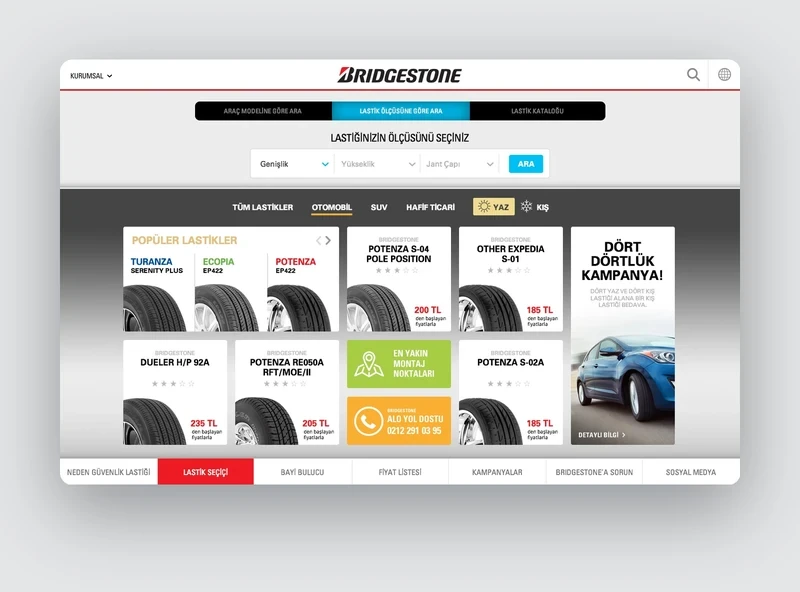 Results list with popular tyres and prices below size selection