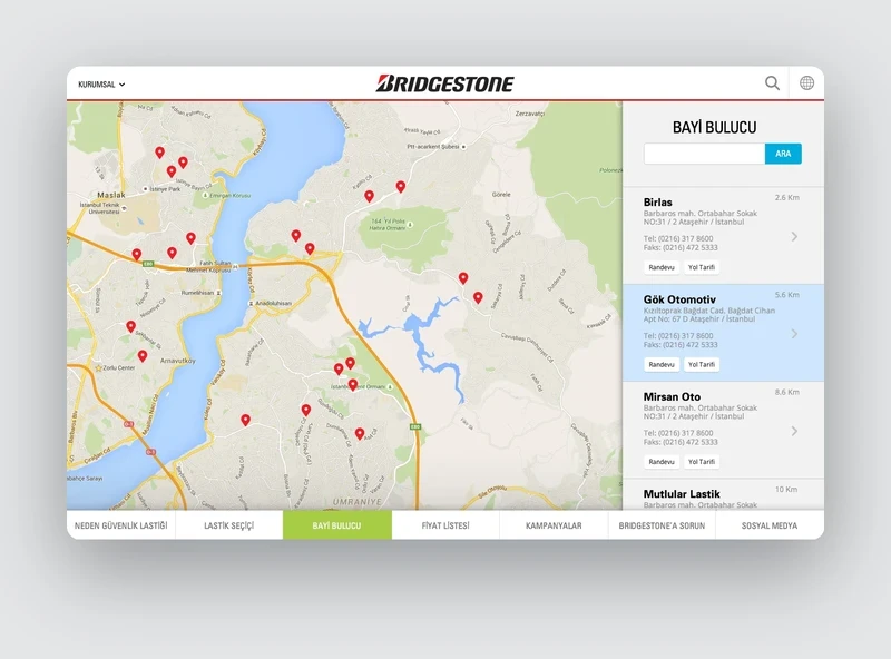 Dealer locations on a map with a list alongside