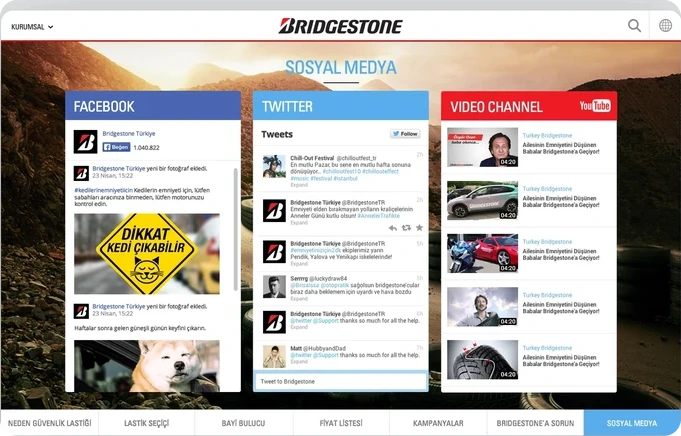 Facebook, Twitter and video-channel feeds displayed side by side