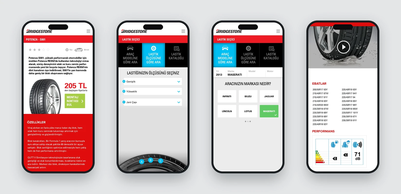 Phone screens showing tyre details, size selection, vehicle make selection and product features
