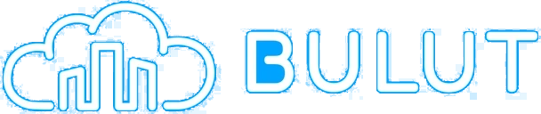 Updated logo: cloud outline and three main columns combined in one line system, with the uppercase BULUT wordmark on blue.