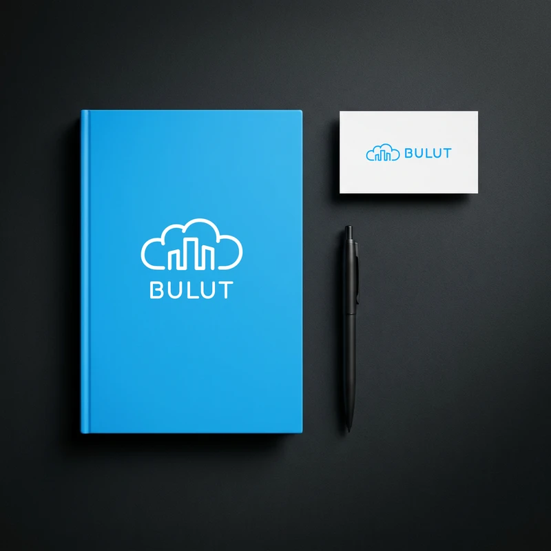 Bulut logo on a blue notebook and white business card against a dark background.