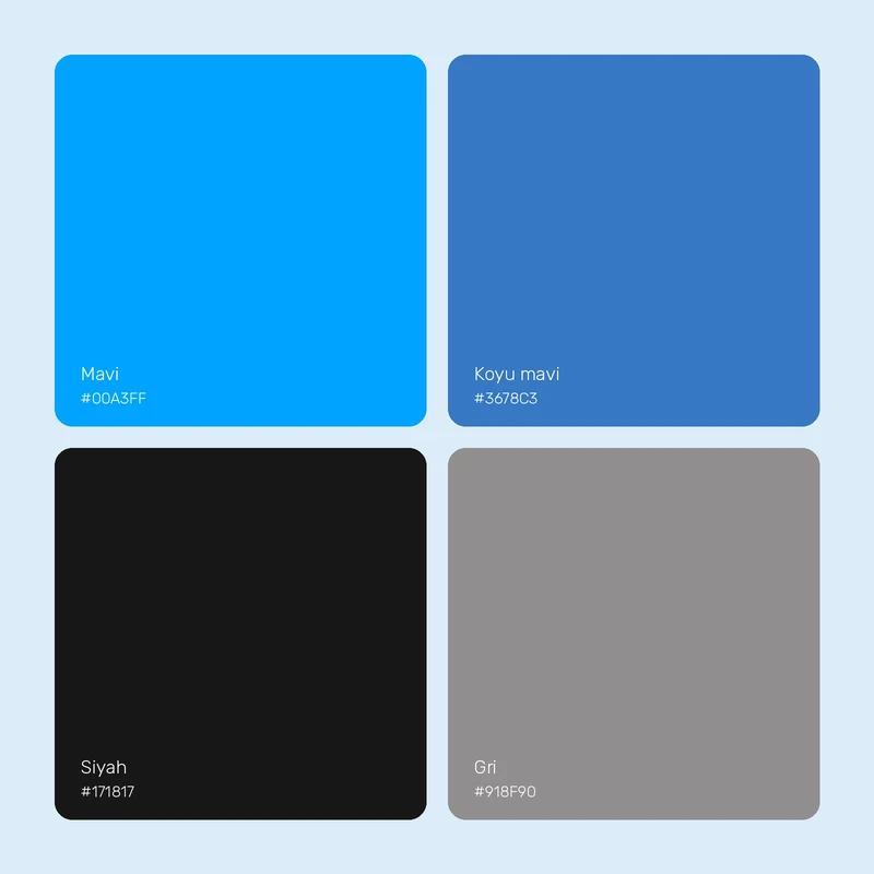 Colour palette: blue, dark blue, black and grey.