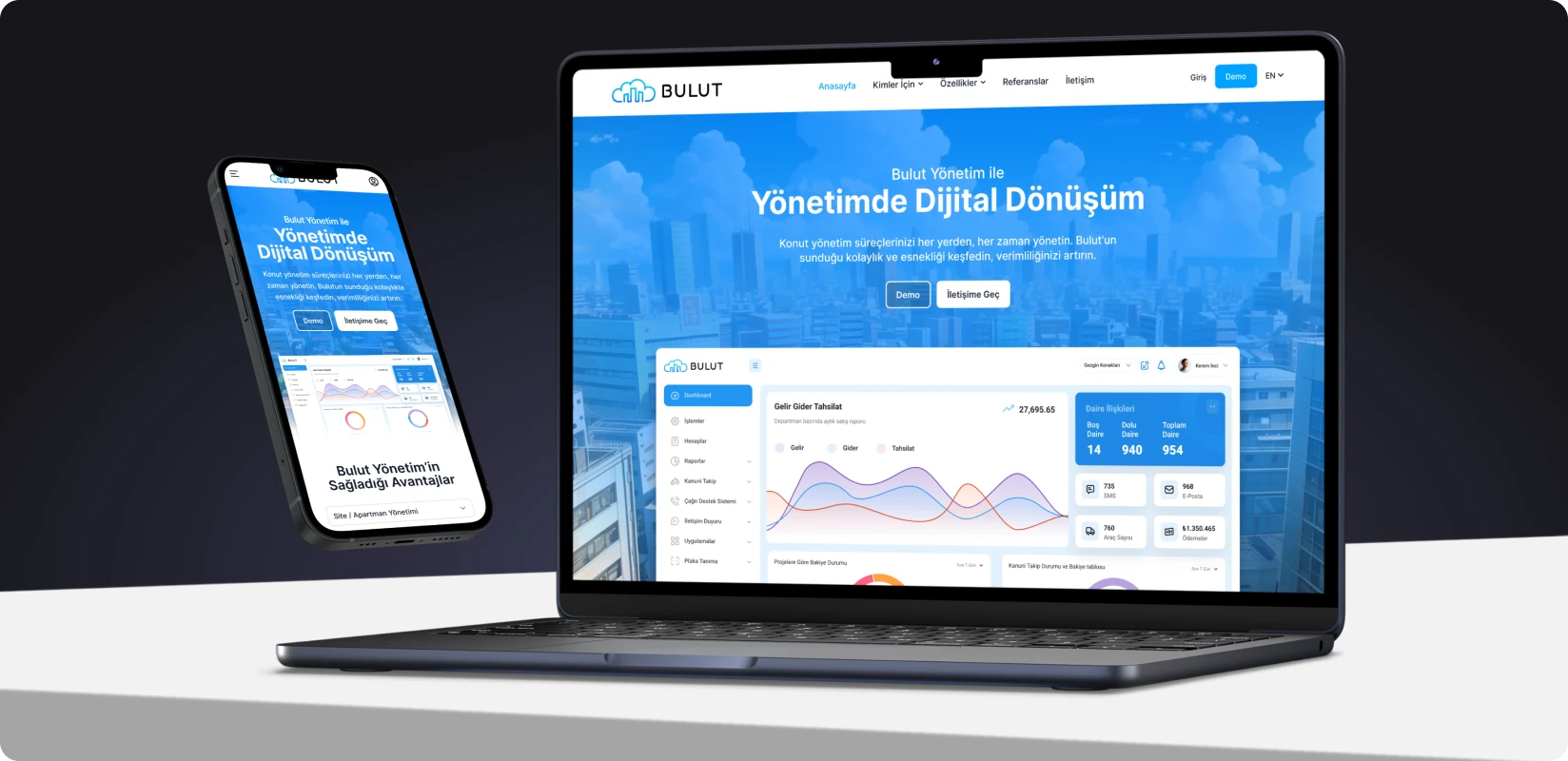Dizüstü bilgisayar ve telefonda Bulut Yönetim ana sayfası