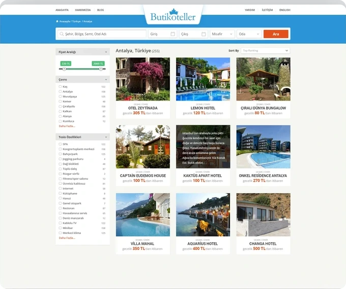 Filtre sütunu ve otel kartlarıyla arama sonuçları