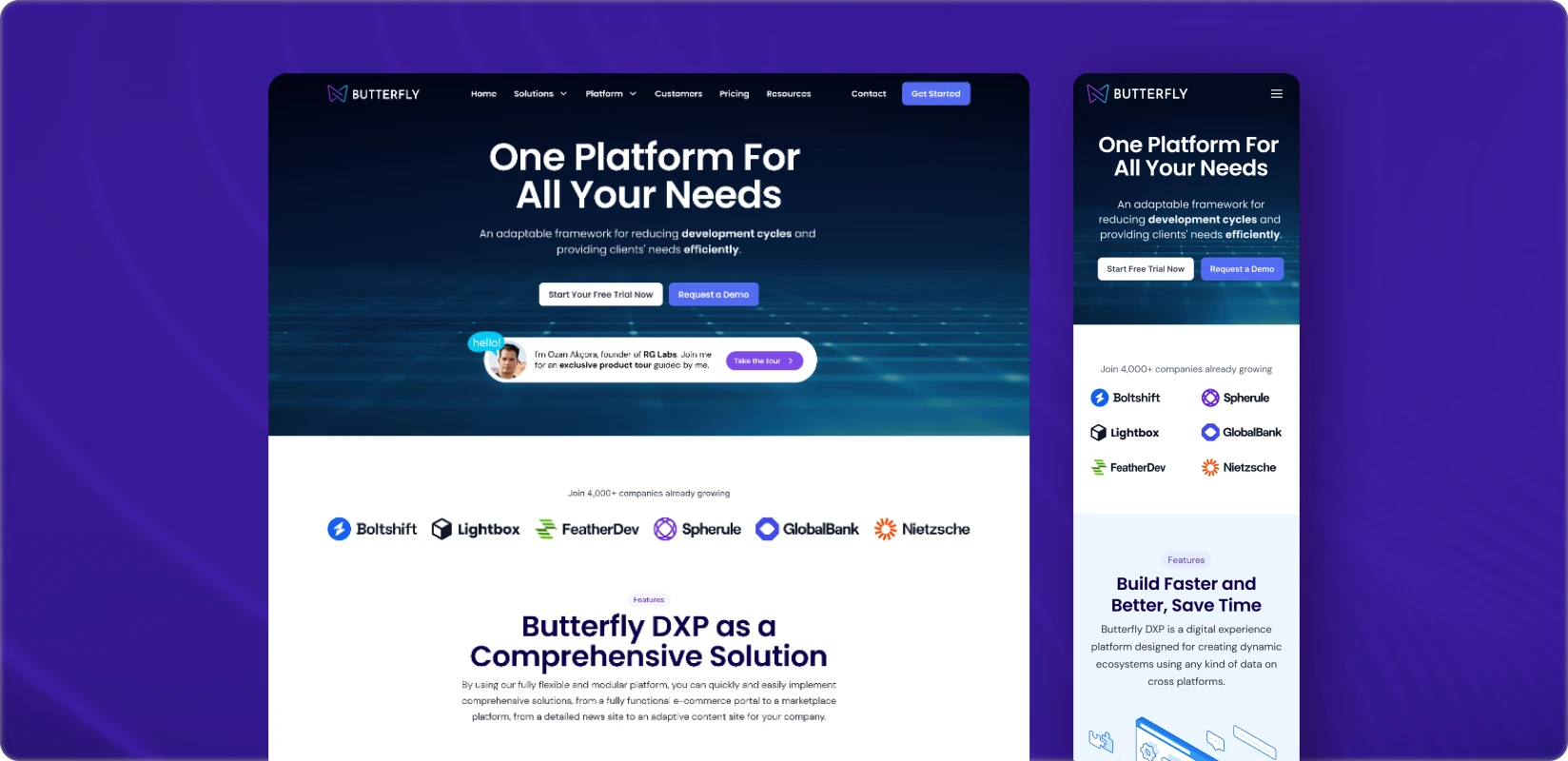 “One Platform For All Your Needs” değer önerisini masaüstü ve mobil ekranlarda sunan açılış deneyimi.