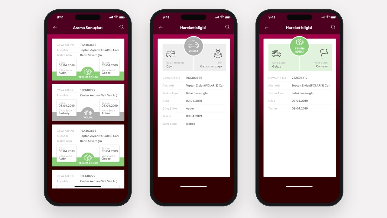 Search results and shipment updates: a card-based flow showing departure, arrival and delivery status