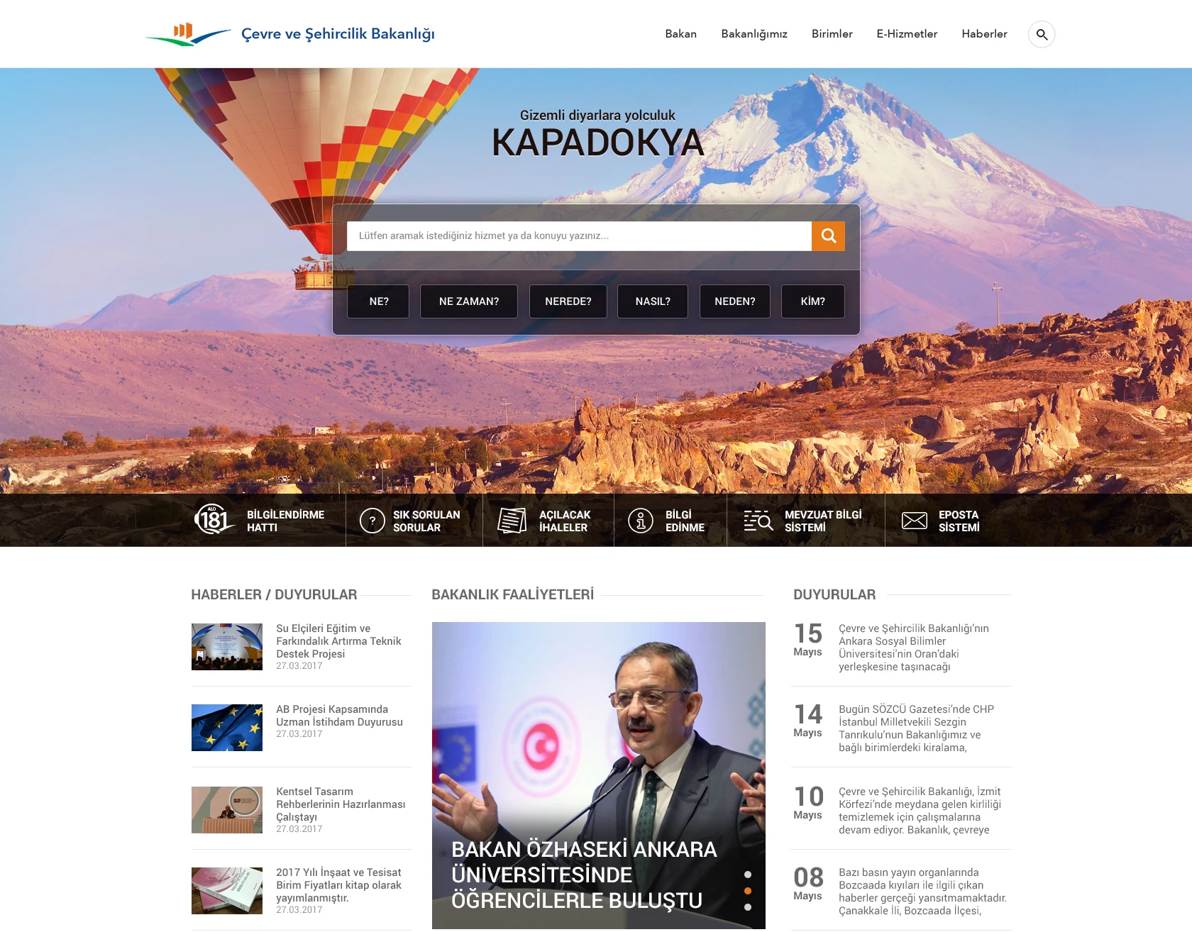 Homepage combining Cappadocia imagery, central search, quick service links and news.