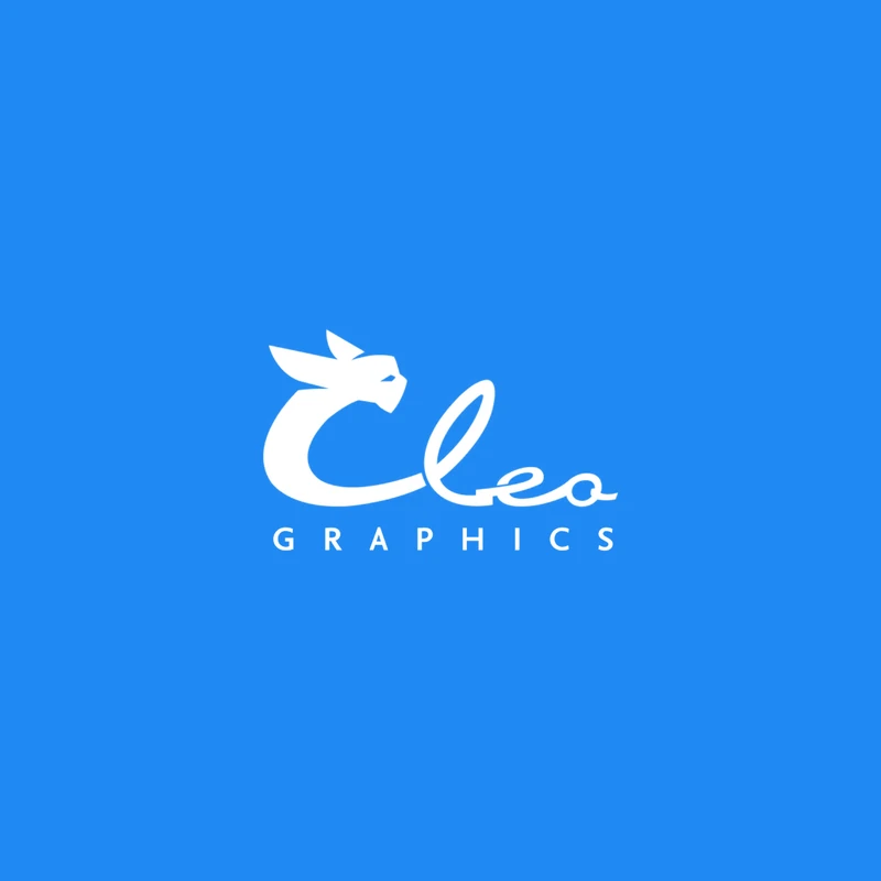 Beyaz Cleo Graphics logosu marka mavisi zemin üzerinde