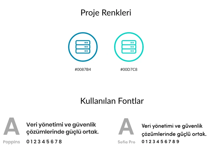 Koyu mavi ve turkuaz renklerle Poppins ve Sofia Pro tipografi sistemi.