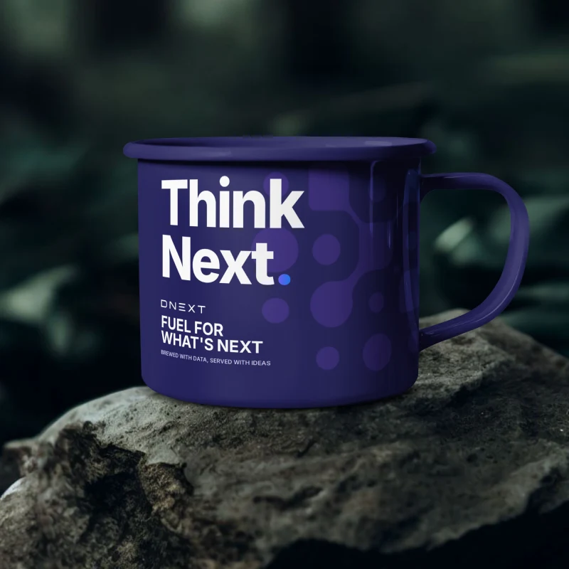 Kaya üzerinde Think Next yazılı mor emaye DNEXT kupası