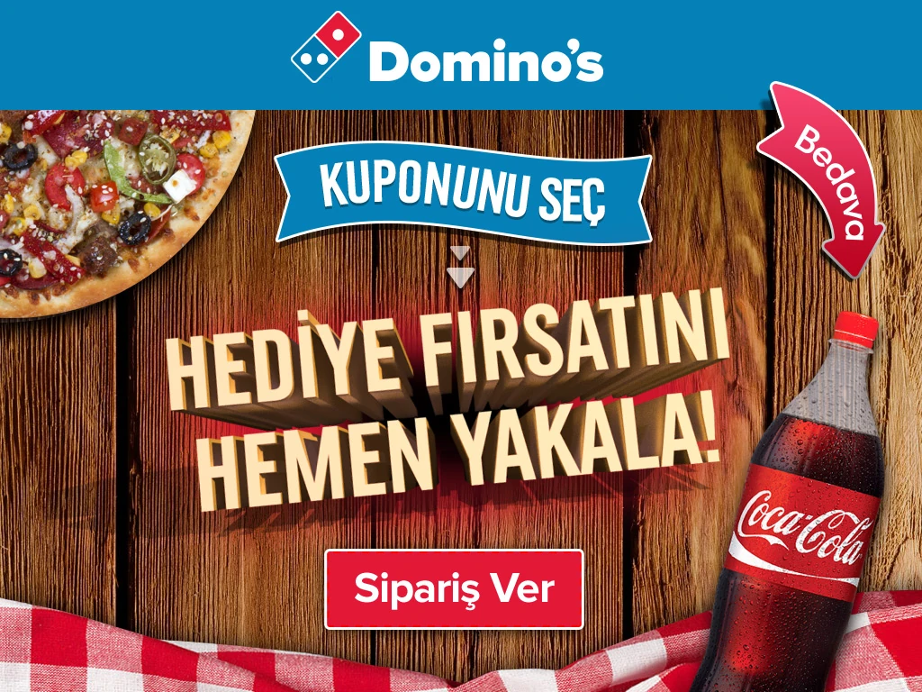Pizza ve içecek görselleriyle Kuponunu Seç yazılı Domino's karşılama ekranı