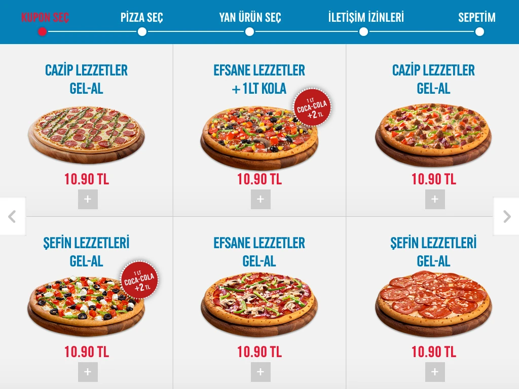 Fiyatlı pizza kuponlarının ızgara halinde listelendiği ekran