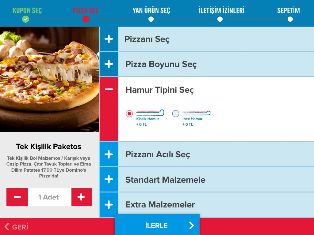 Pizza boyu, hamur tipi ve malzeme seçenekleri