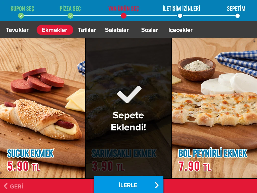 Ekmek çeşitleri ve sepete eklendi uyarısı