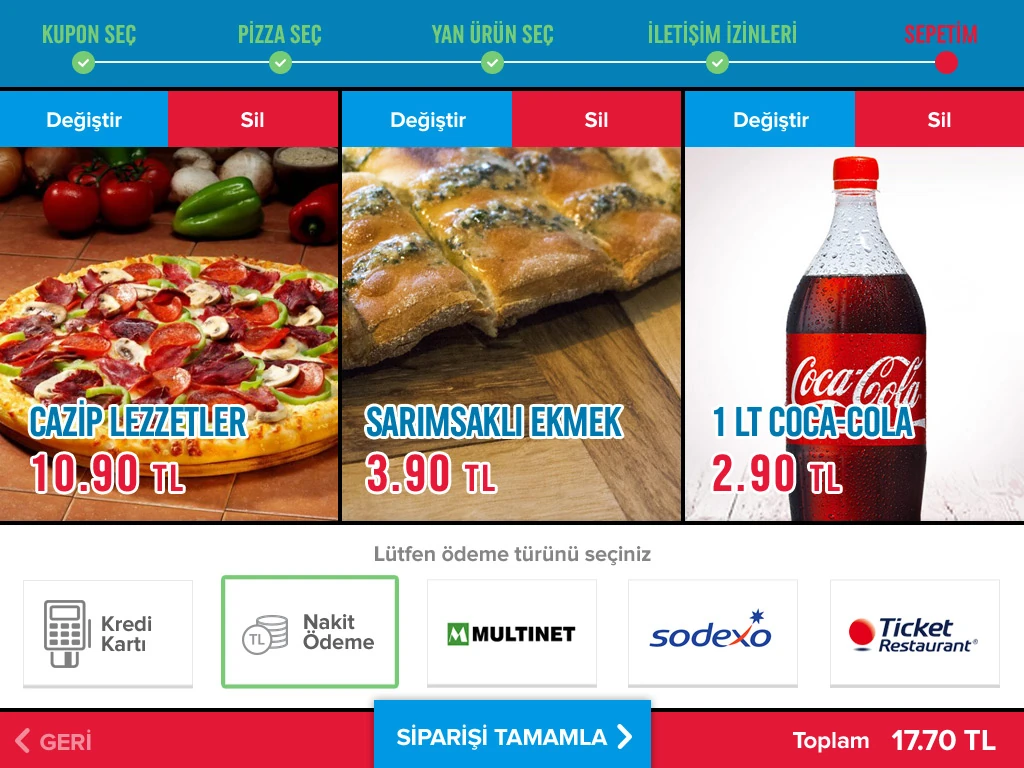 Seçilen ürünler ve ödeme türü seçenekleri